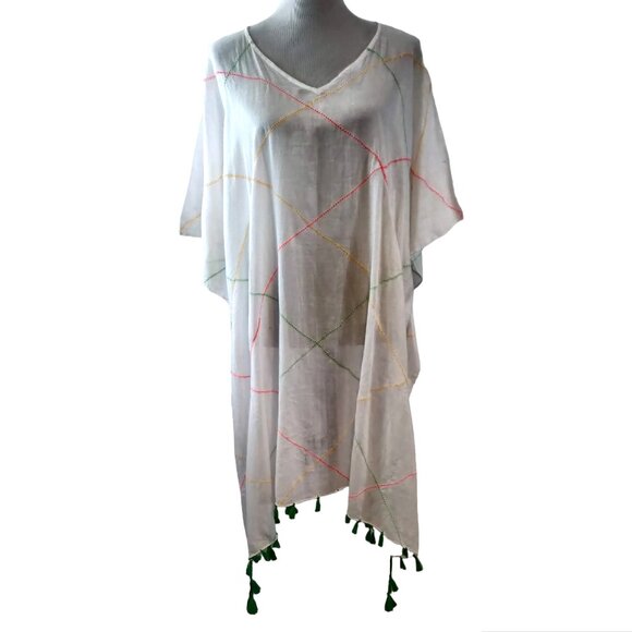 Mer + Lune Women OS White Colorful Stitch Tassels Lightweight Coverup Kaftan Top - Picture 1 of 9